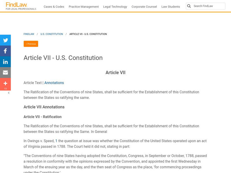 Find Law: u.s. Constitution: Article Vii Primary Find Law: u.s. Constitution: Article Vii Primary