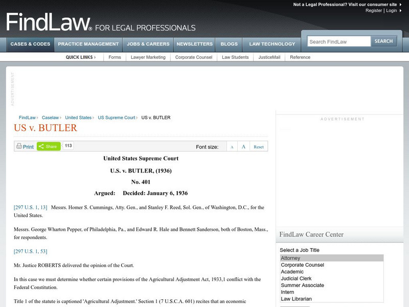 Find Law: u.s. Supreme Court: u.s. V. Butler (1936) Primary Find Law: u.s. Supreme Court: u.s. V. Butler (1936) Primary