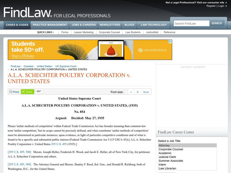 Find Law: u.s. Constitution: Schechter Poultry Corporation v. United States (1953) Primary Find Law: u.s. Constitution: Schechter Poultry Corporation v. United States (1953) Primary