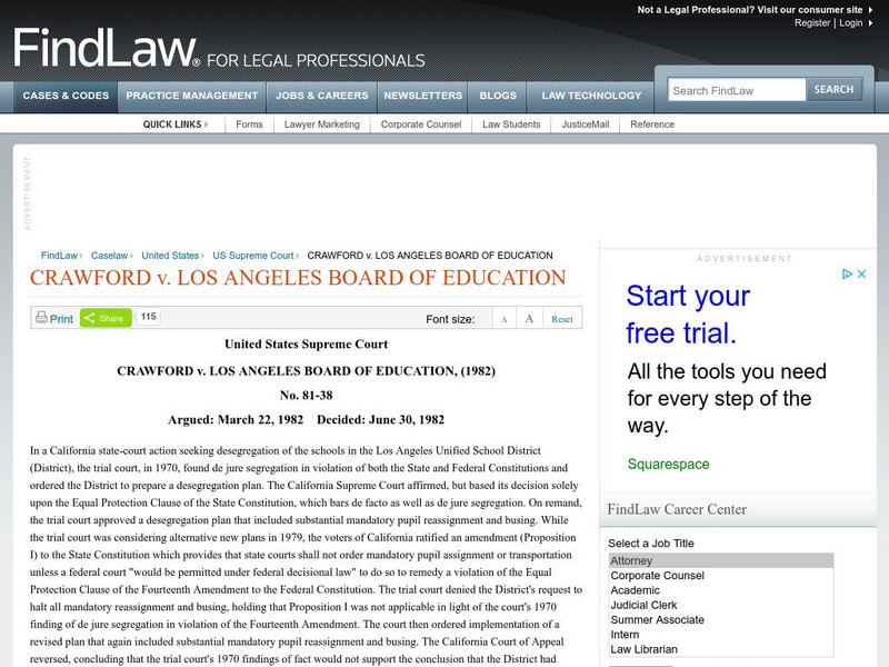 Find Law: u.s. Supreme Court: Crawford v. La Board of Education (1982) Primary Find Law: u.s. Supreme Court: Crawford v. La Board of Education (1982) Primary
