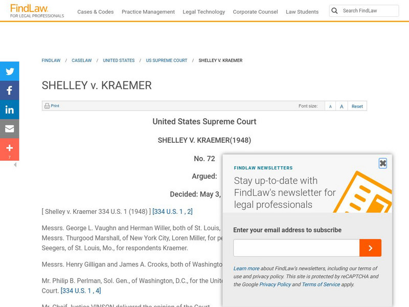 Find Law: u.s. Supreme Court: Shelley v. Kraemer (1948) Handout Find Law: u.s. Supreme Court: Shelley v. Kraemer (1948) Handout