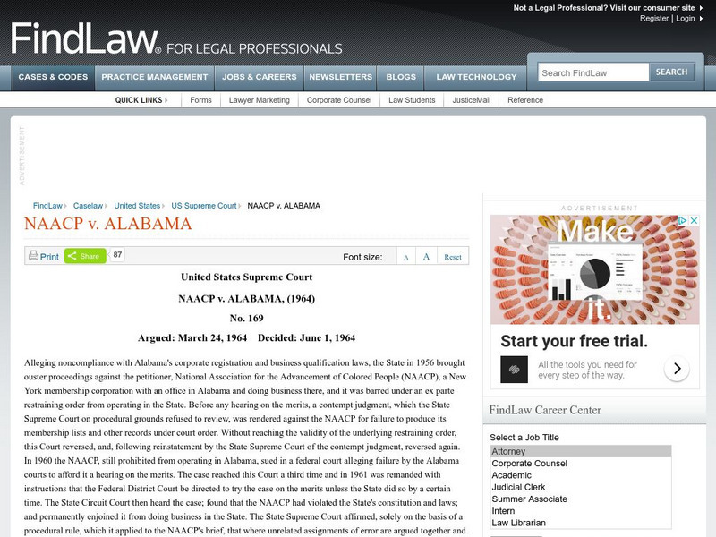 Find Law: u.s. Supreme Court: Naacp v. Alabama (1958) Primary Find Law: u.s. Supreme Court: Naacp v. Alabama (1958) Primary