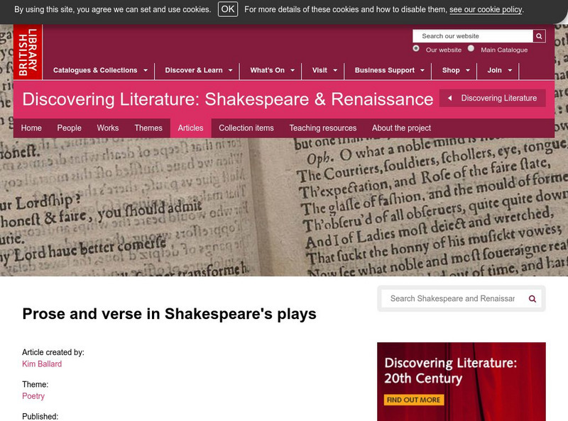 British Library: Prose and Verse in Shakespeare's Plays Article British Library: Prose and Verse in Shakespeare's Plays Article