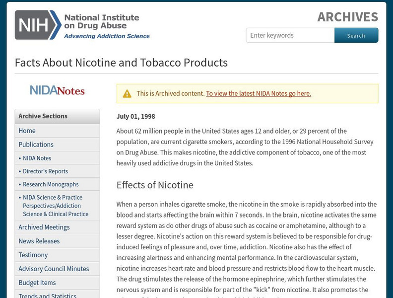 National Institute on Drug Abuse: Facts About Nicotine and Tobacco Products Article National Institute on Drug Abuse: Facts About Nicotine and Tobacco Products Article