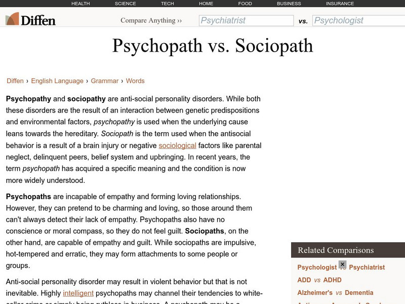 Diffen: Psychopath vs. Sociopath Handout Diffen: Psychopath vs. Sociopath Handout