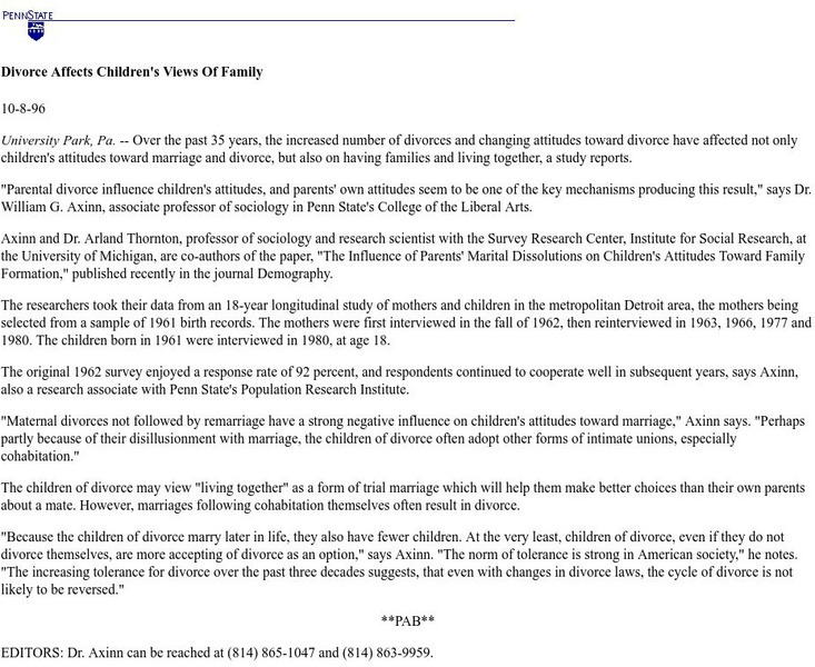 Penn State Univ.: Effects of Divorce on Views of Family Handout Penn State Univ.: Effects of Divorce on Views of Family Handout