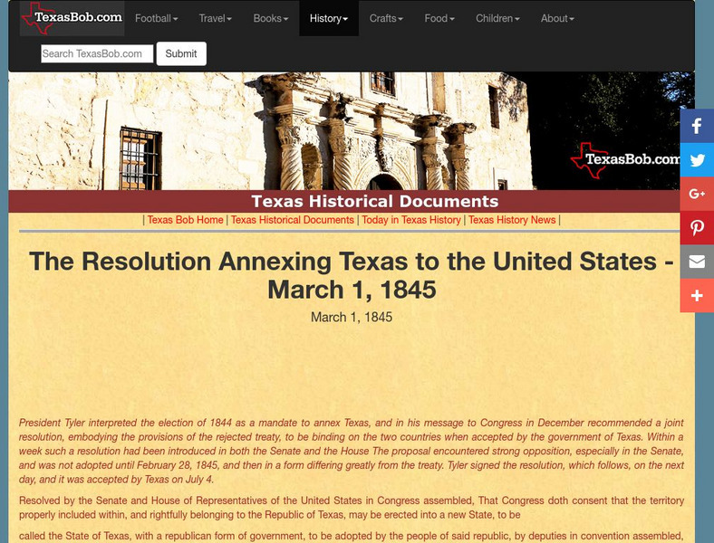 Texas Bob: The Resolution Annexing Texas to the United States March 1, 1845 Primary