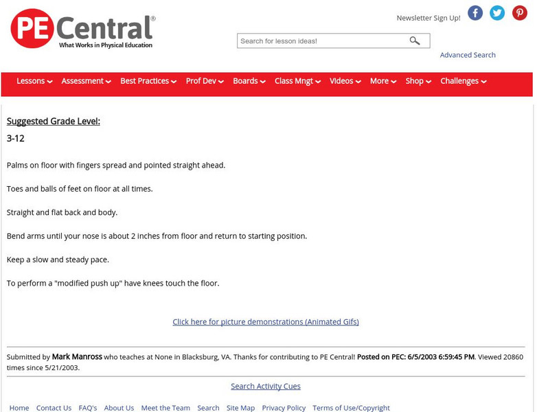 Pe Central: Fitness Tests Cues: Push Ups Activity