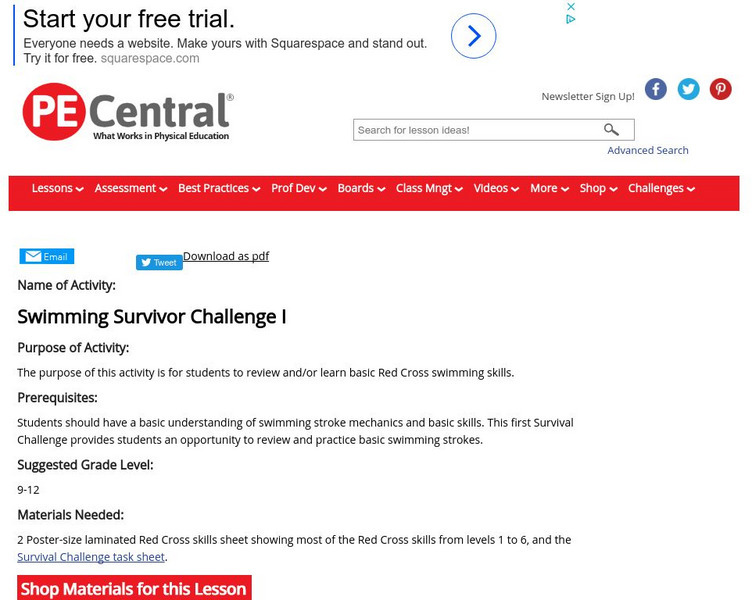 Pe Central: Swimming Survivor Challenge I Lesson Plan