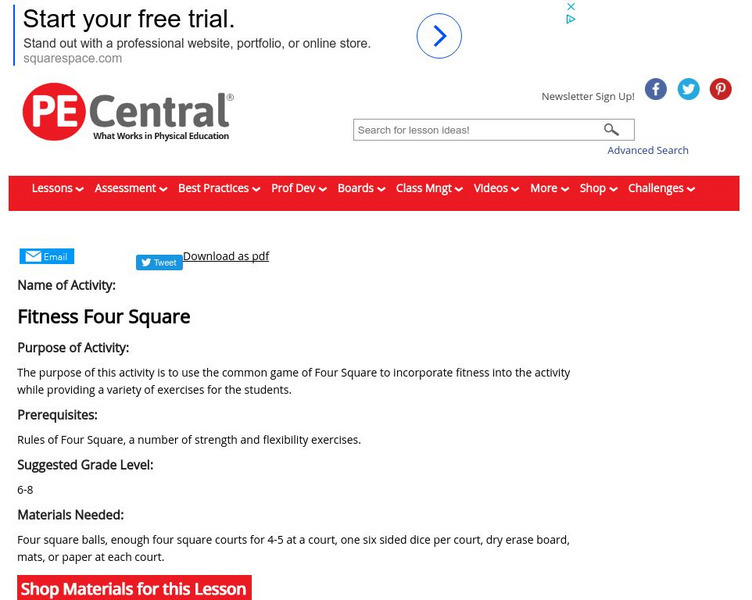 Pe Central: Pe Lesson Ideas: Fitness Four Square Lesson Plan Pe Central: Pe Lesson Ideas: Fitness Four Square Lesson Plan