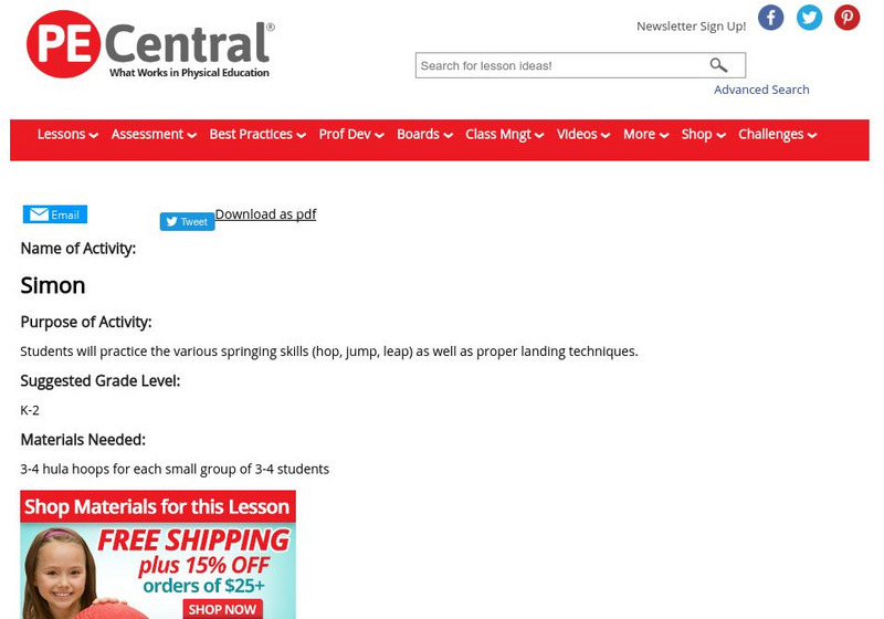 Pe Central: K 2 Pe Lesson Ideas: Simon Lesson Plan Pe Central: K 2 Pe Lesson Ideas: Simon Lesson Plan