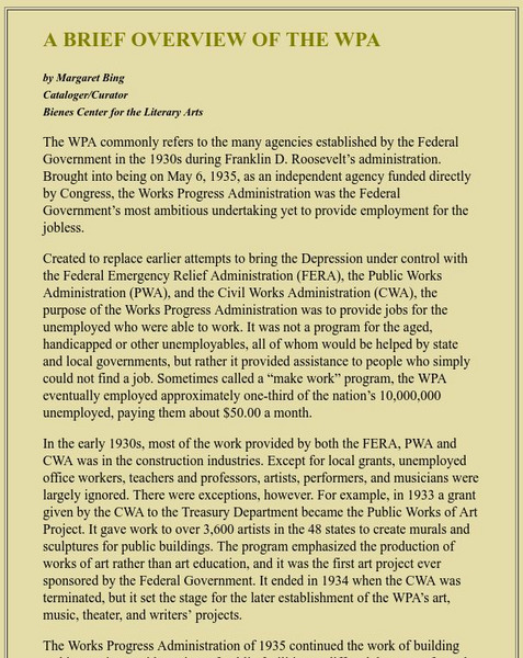 Bienes Center for the Literary Arts: A Brief Overview of the Wpa Website Bienes Center for the Literary Arts: A Brief Overview of the Wpa Website
