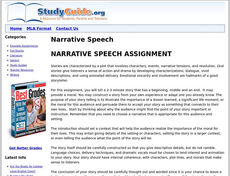 Study guide.org: Narrative Speech: Narrative Speech Assignment Activity Study guide.org: Narrative Speech: Narrative Speech Assignment Activity