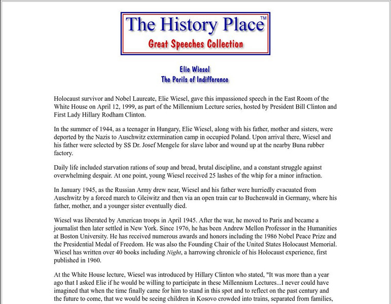 The History Place: Elie Wiesel: "The Perils of Indifference" Audio