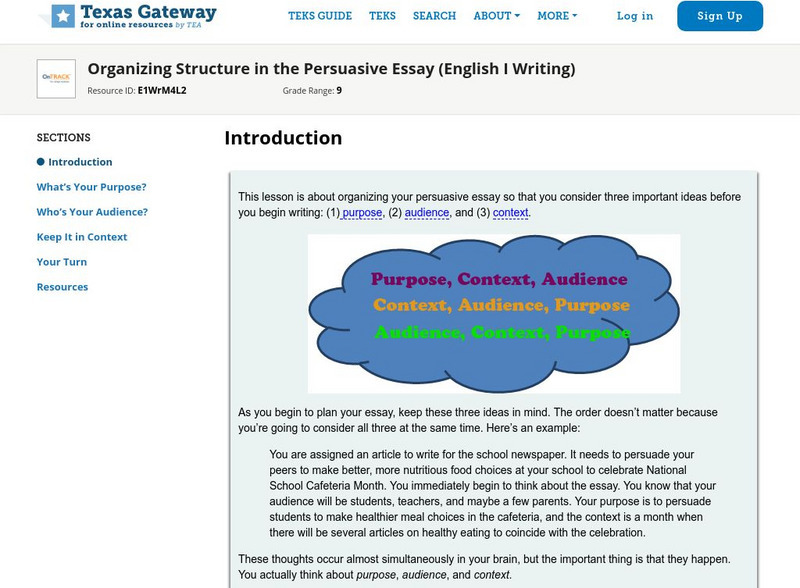 Texas Gateway: Organizing Structure in the Persuasive Essay (English I Writing) Unit Plan Texas Gateway: Organizing Structure in the Persuasive Essay (English I Writing) Unit Plan