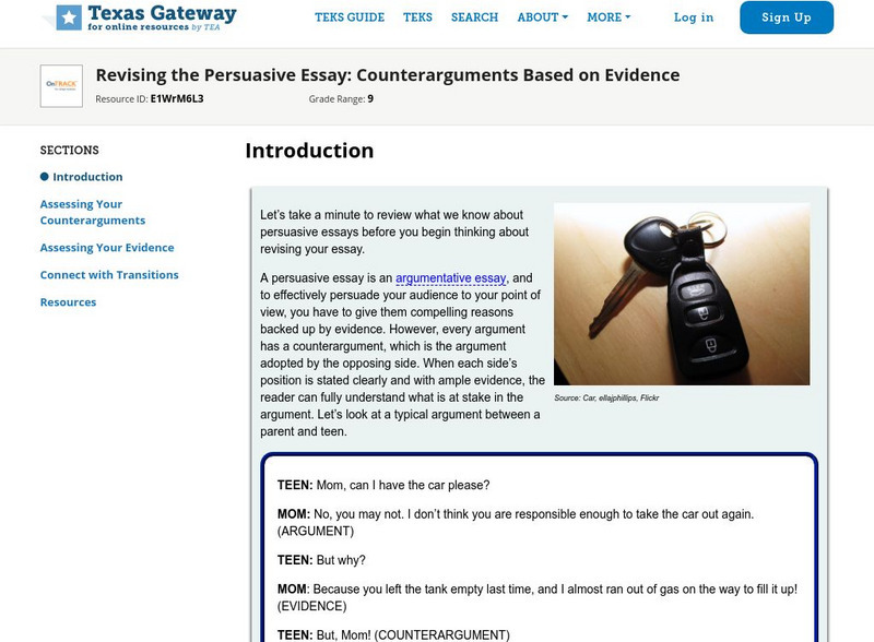 Texas Gateway: Revising the Persuasive Essay: Counterarguments Based on Evidence Unit Plan Texas Gateway: Revising the Persuasive Essay: Counterarguments Based on Evidence Unit Plan