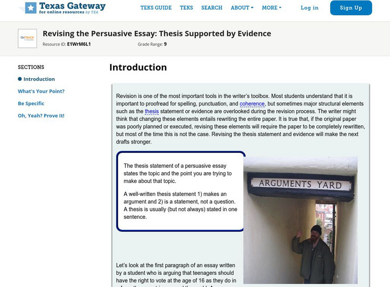 Texas Gateway: Revising the Persuasive Essay: Thesis Supported by Evidence Unit Plan Texas Gateway: Revising the Persuasive Essay: Thesis Supported by Evidence Unit Plan