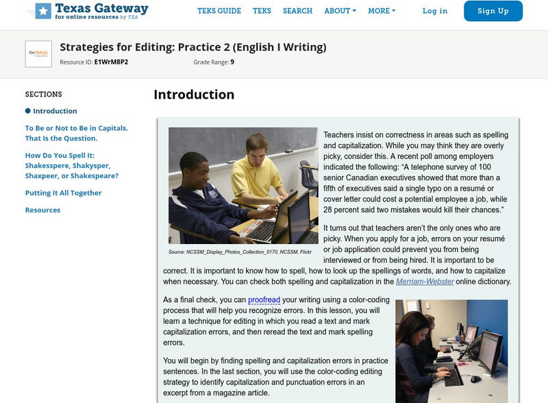 Texas Gateway: Strategies for Editing: Practice 2 (English I Writing) Unit Plan Texas Gateway: Strategies for Editing: Practice 2 (English I Writing) Unit Plan