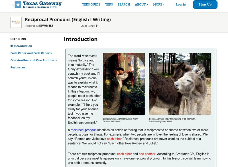 Texas Gateway: Reciprocal Pronouns (English I Writing) Unit Plan