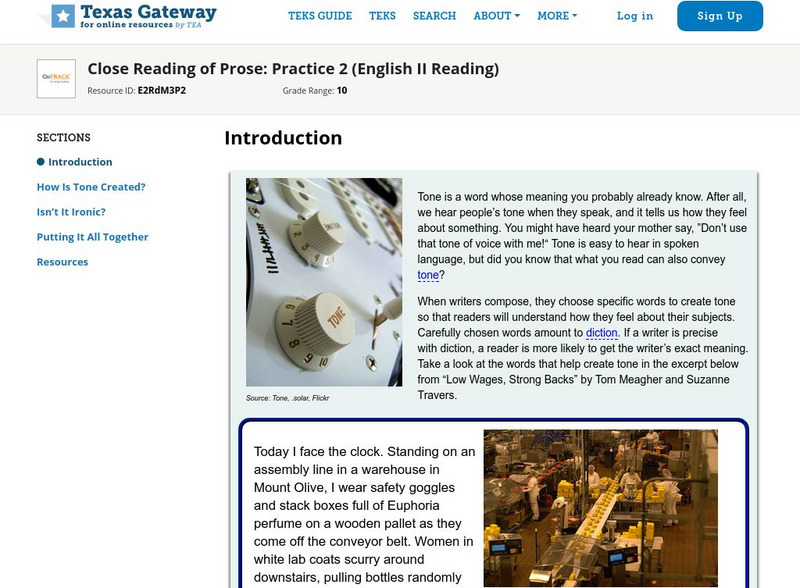 Texas Gateway: Close Reading of Prose: Practice 2 (English Ii Reading) Unit Plan Texas Gateway: Close Reading of Prose: Practice 2 (English Ii Reading) Unit Plan