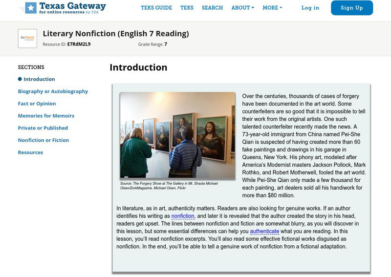 Texas Gateway: Literary Nonfiction (English 7 Reading) Unit Plan Texas Gateway: Literary Nonfiction (English 7 Reading) Unit Plan