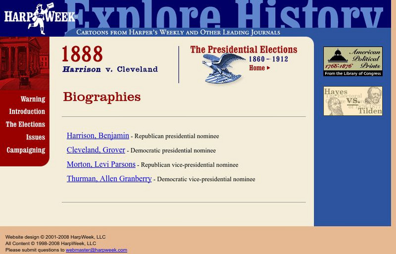 Harp Week: The Presidential Elections: 1888 Harrison v. Cleveland Biographies Handout Harp Week: The Presidential Elections: 1888 Harrison v. Cleveland Biographies Handout