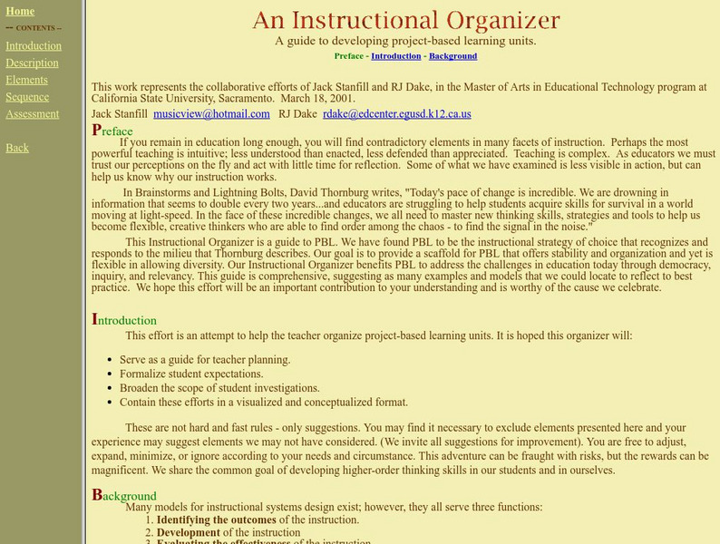 Instructional Organizer: A Guide to Developing Project Based Learning Units Website