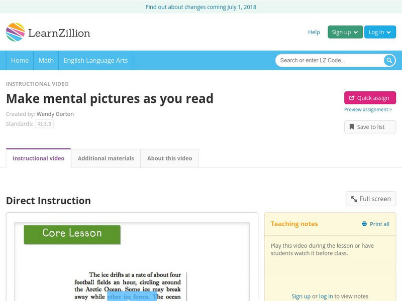 Learn Zillion: Make Mental Pictures as You Read Instructional Video Learn Zillion: Make Mental Pictures as You Read Instructional Video