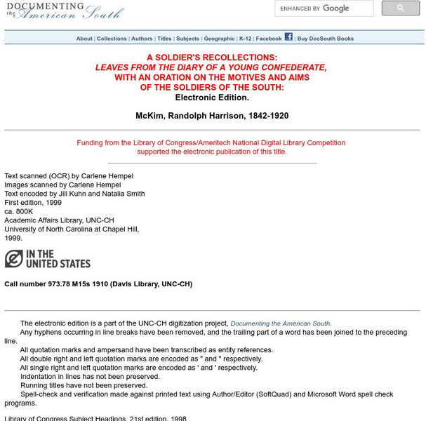 Documenting the American South: A Soldier's Recollections Primary Documenting the American South: A Soldier's Recollections Primary