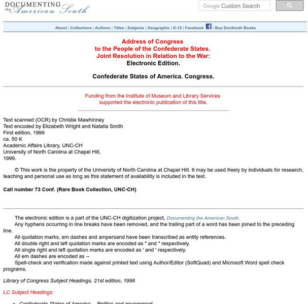 Address of Congress to the Confederate States Primary Address of Congress to the Confederate States Primary