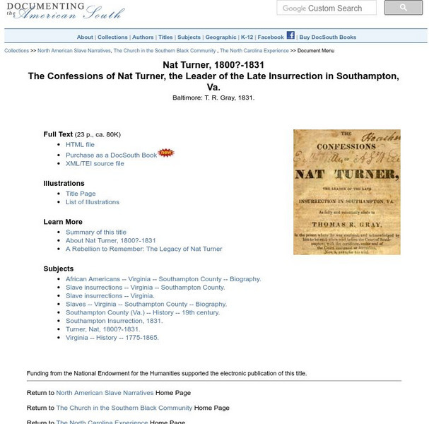 Documenting the American South: The Confessions of Nat Turner Primary Documenting the American South: The Confessions of Nat Turner Primary