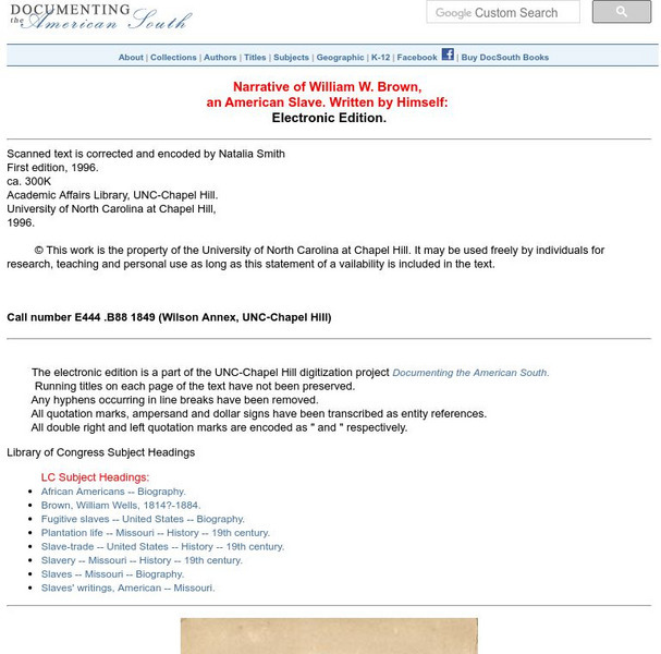 Univ. Of North Carolina: Narrative of William W. Brown Primary Univ. Of North Carolina: Narrative of William W. Brown Primary