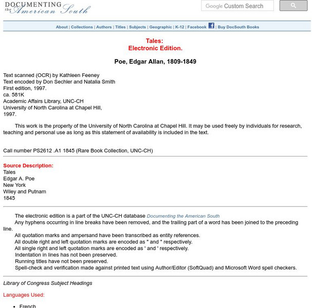 Unc: Edgar Allan Poe, 1809 1849 Tales Primary Unc: Edgar Allan Poe, 1809 1849 Tales Primary