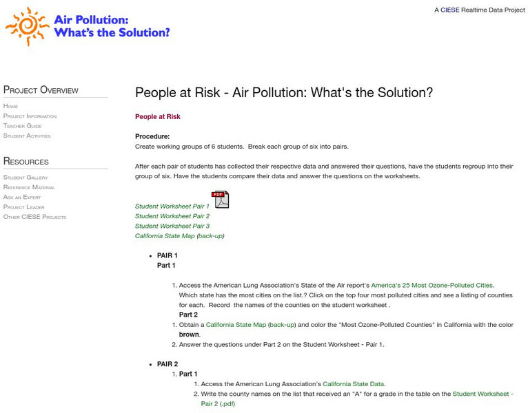 Ciese Real Time Data Project: Air Pollution: People at Risk Lesson Plan Ciese Real Time Data Project: Air Pollution: People at Risk Lesson Plan