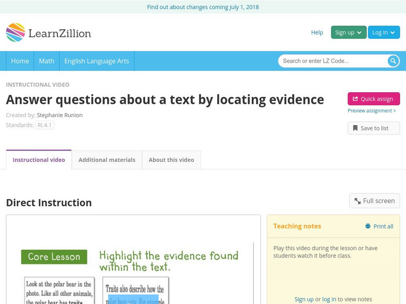 Learn Zillion: Answer Questions About a Text by Locating Evidence Instructional Video Learn Zillion: Answer Questions About a Text by Locating Evidence Instructional Video