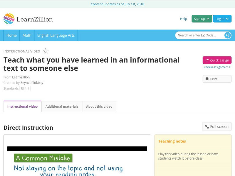 Learn Zillion: Teach What You Have Learned in an Informational Text Instructional Video Learn Zillion: Teach What You Have Learned in an Informational Text Instructional Video