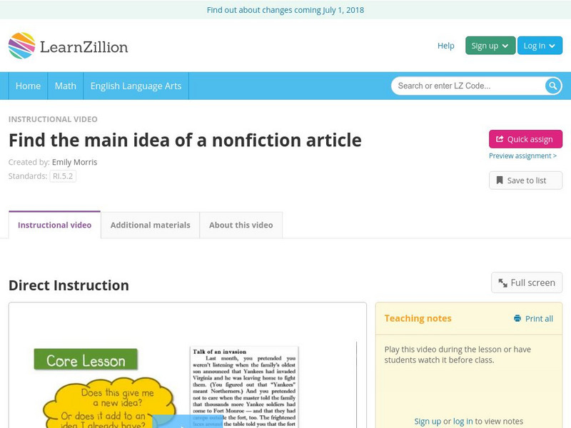 Learn Zillion: Find the Main Idea of a Nonfiction Article Instructional Video Learn Zillion: Find the Main Idea of a Nonfiction Article Instructional Video
