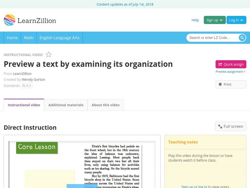 Learn Zillion: Preview a Text by Examining Its Organization Instructional Video