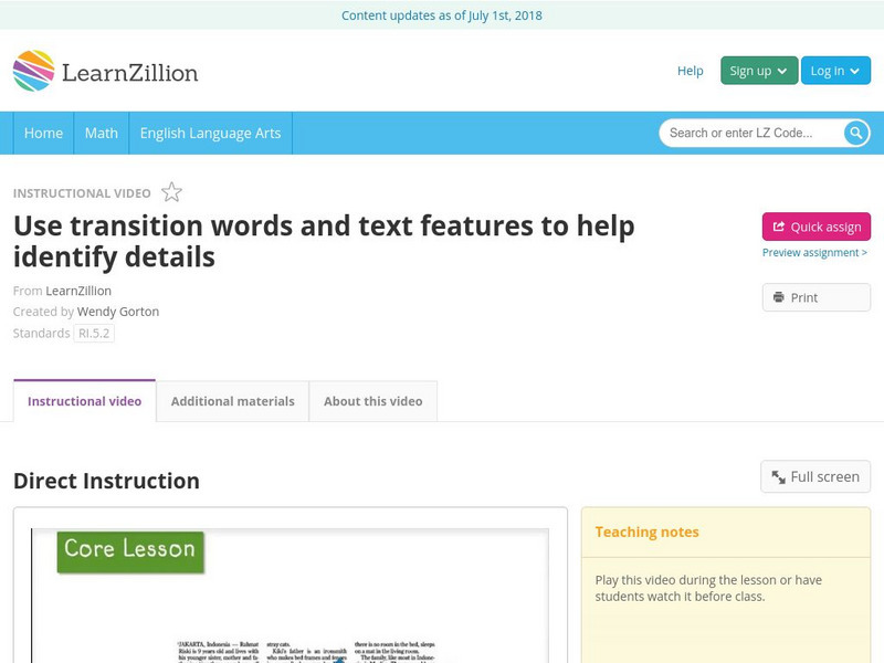 Learn Zillion: Use Transition Words and Text Features to Help Identify Details Instructional Video Learn Zillion: Use Transition Words and Text Features to Help Identify Details Instructional Video