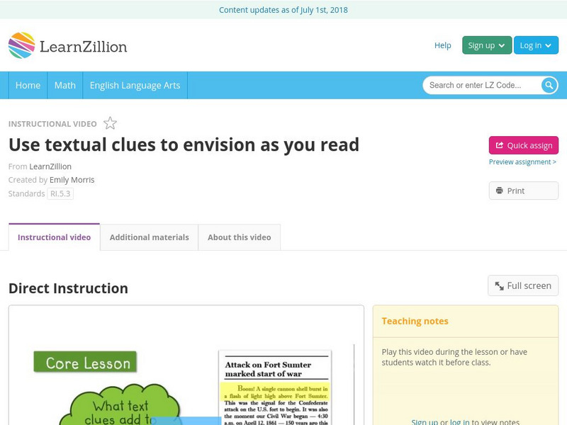 Learn Zillion: Use Textual Clues to Envision as You Read Instructional Video Learn Zillion: Use Textual Clues to Envision as You Read Instructional Video