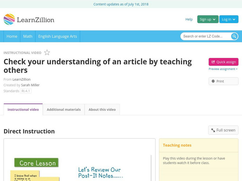 Learn Zillion: Check Your Understanding of an Article by Teaching Others Instructional Video