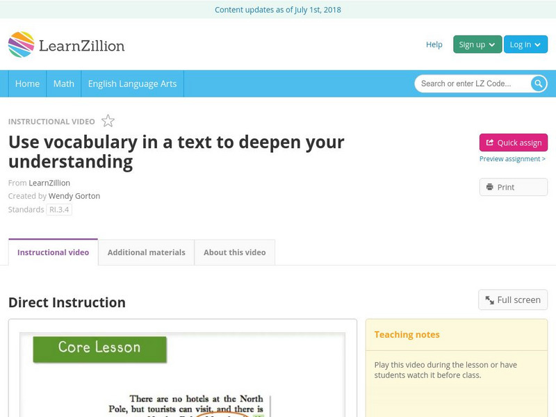 Learn Zillion: Use Vocabulary in a Text to Deepen Your Understanding Instructional Video Learn Zillion: Use Vocabulary in a Text to Deepen Your Understanding Instructional Video