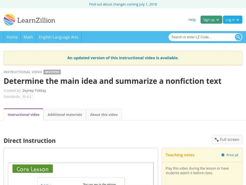 Learn Zillion: Determine the Main Idea and Summarize a Nonfiction Text Instructional Video Learn Zillion: Determine the Main Idea and Summarize a Nonfiction Text Instructional Video