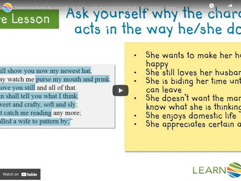 Learn Zillion: Video: Determine Theme by Considering a Character's Actions Instructional Video Learn Zillion: Video: Determine Theme by Considering a Character's Actions Instructional Video