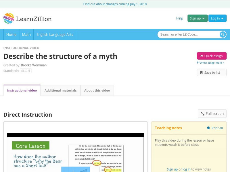 Learn Zillion: Describe the Structure of a Myth Instructional Video Learn Zillion: Describe the Structure of a Myth Instructional Video