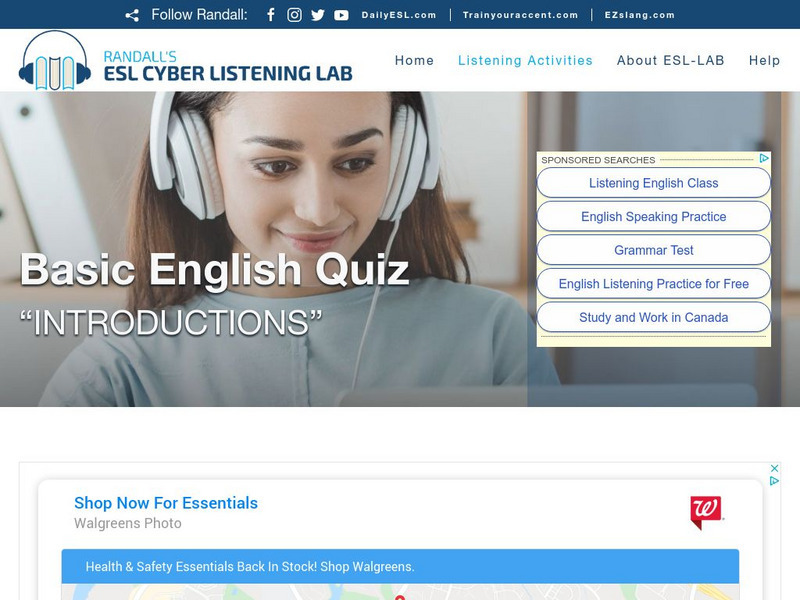 Esl Cyber Listening Lab: Basic English Quiz: Introductions Unknown Type Esl Cyber Listening Lab: Basic English Quiz: Introductions Unknown Type