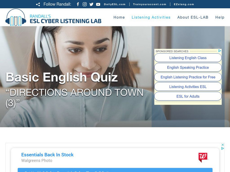 Esl Cyber Listening Lab: Basic English Quiz: Directions Around Town 3 Unknown Type Esl Cyber Listening Lab: Basic English Quiz: Directions Around Town 3 Unknown Type