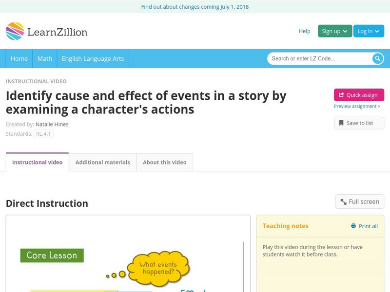 Learn Zillion: Identify Cause and Effect of Story Events by Examining Character Instructional Video