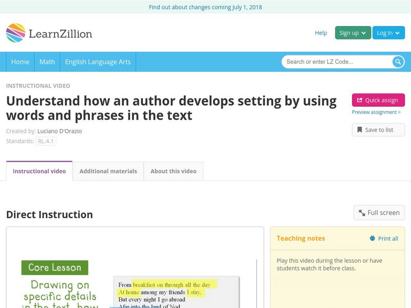 Learnzillion: Understand How an Author Develops Setting Instructional Video Learnzillion: Understand How an Author Develops Setting Instructional Video