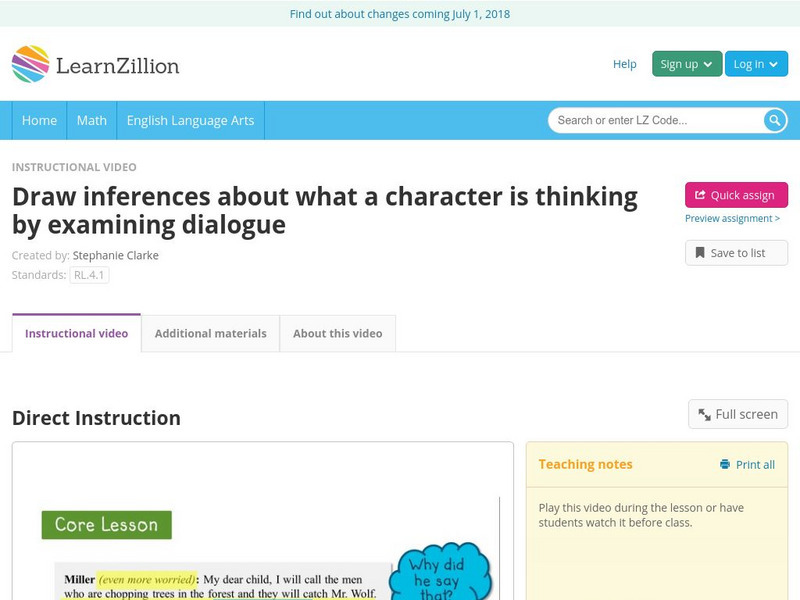 Learn Zillion: Draw Inferences About What a Character Is Thinking Instructional Video Learn Zillion: Draw Inferences About What a Character Is Thinking Instructional Video
